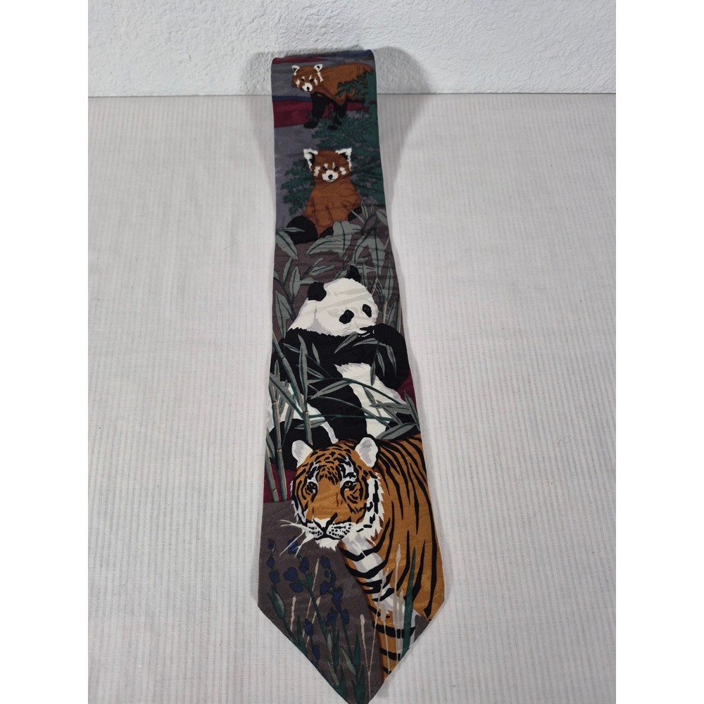 1993 WWF Silk Tie Asian Habitats Tiger Giant Panda Red Panda Gray Navy